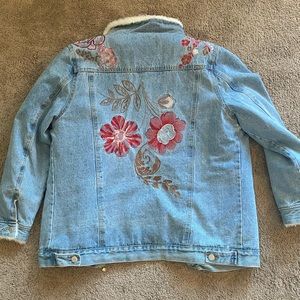 Sherpa Lined Floral Design Denim Jean  Jacket
